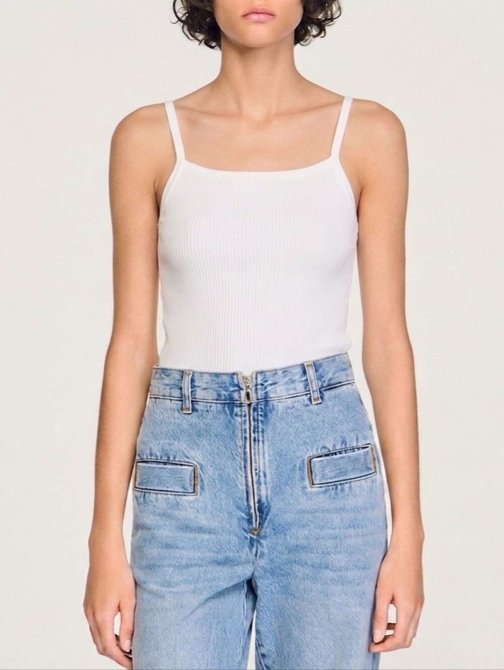 Sandro White Ribbed Knit Tank Top